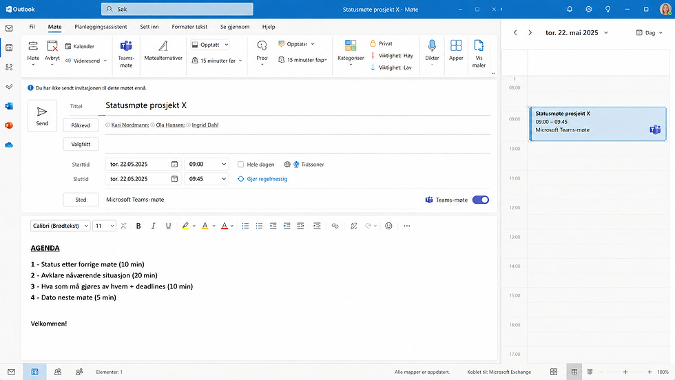 Outlook møteinvitasjon for Statusmøte prosjekt X med agenda og Teams-møte, vises i kalenderen 22. mai 2025.