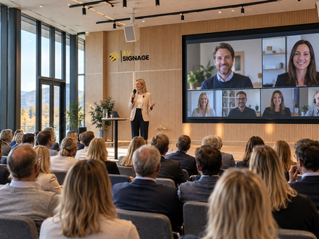 En foredragsholder fra næringslivet holder innlegg for et sittende publikum i en moderne sal, med en stor videovegg som viser seks smilende deltakere som deltar via video.