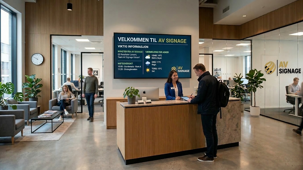 En resepsjon med infoskjerm fra AV Signage og Loop24