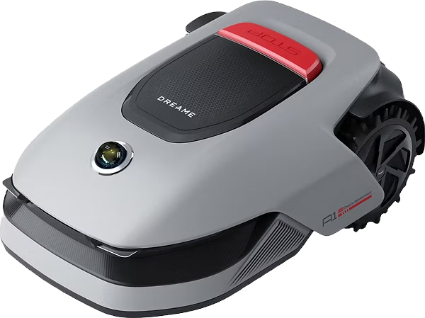 Sleek robotic lawn mower with gray body, red "STOP" button, and "DREAME" text. Black wheels and modern design convey a futuristic feel.