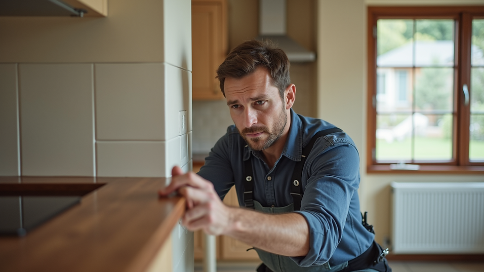Eye-level view of a handyman fixing a kitchen cabinet