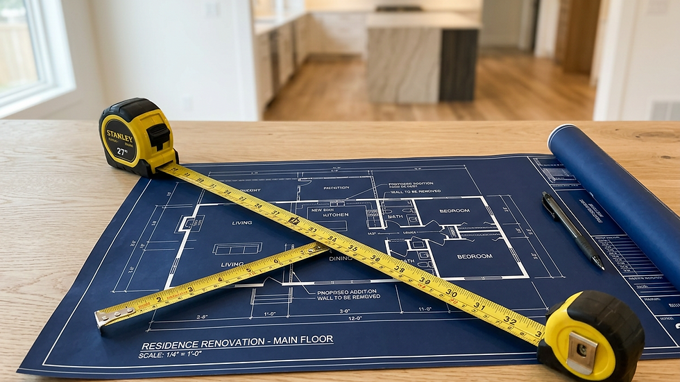 High angle view of a home renovation blueprint and measuring tape