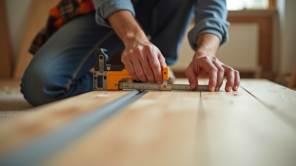 Close-up view of a contractor measuring wood for home renovation