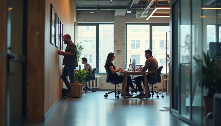Eye-level view of a modern co-working space bustling with startup teams collaborating
