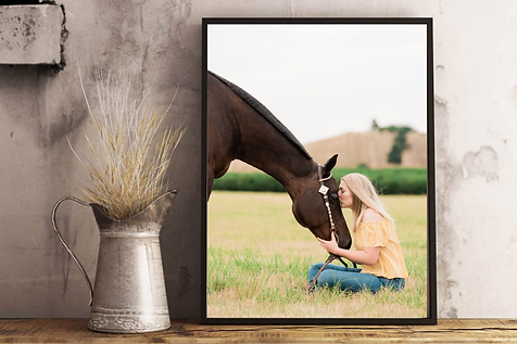 a framed print of a girl sitting in front of her horse, kissing her on the forehead
