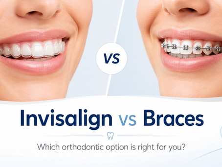 Invisalign vs braces comparison showing clear aligners and metal braces for orthodontic treatment options at RM Dentistry.