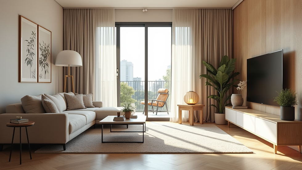 Vista amplia y luminosa de salón con decoración moderna