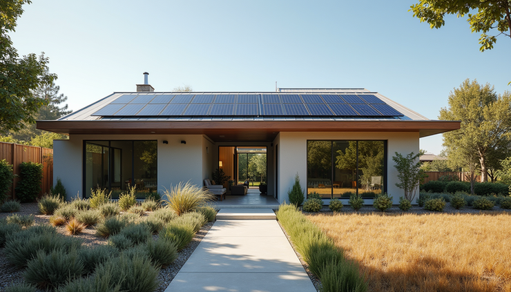 Eye-level view of a modern Bay Area home with sustainable features and native landscaping