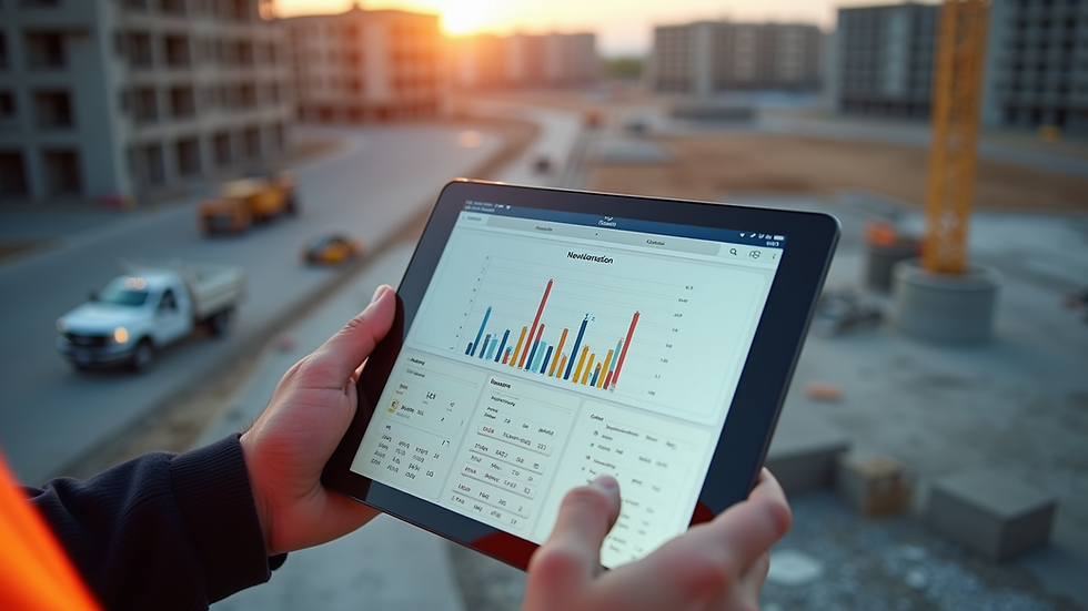 Eye-level view of a construction site with digital project management tools displayed on a tablet