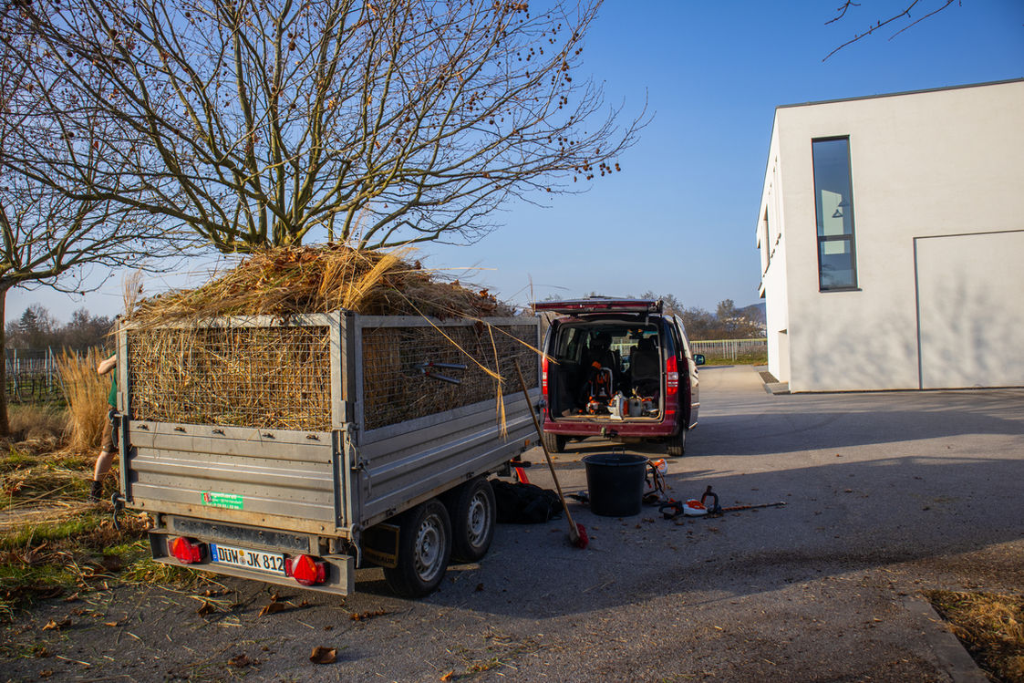 Arbeit geschafft: mit Schnittgut voll beladener Anhänger von Jonathan Klappenberger nach dem Rückschnitt der Gräser im Frühling