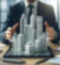 Businessman & futuristic 3d render model of a city houses or homes on a table in a real es