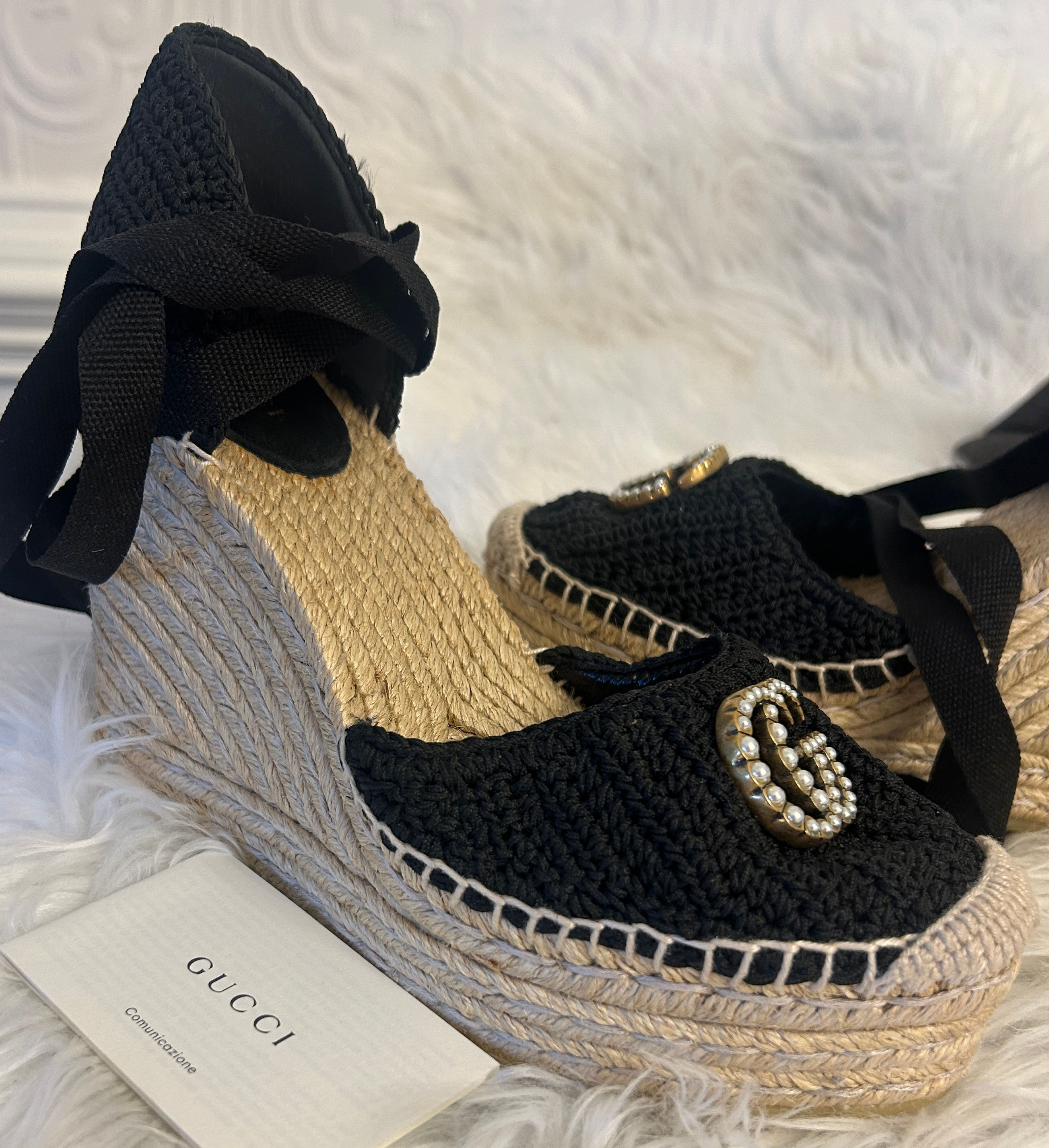 Gucci Pearly GG Espadrille Wedge Raffia Platform Sandals Size 38