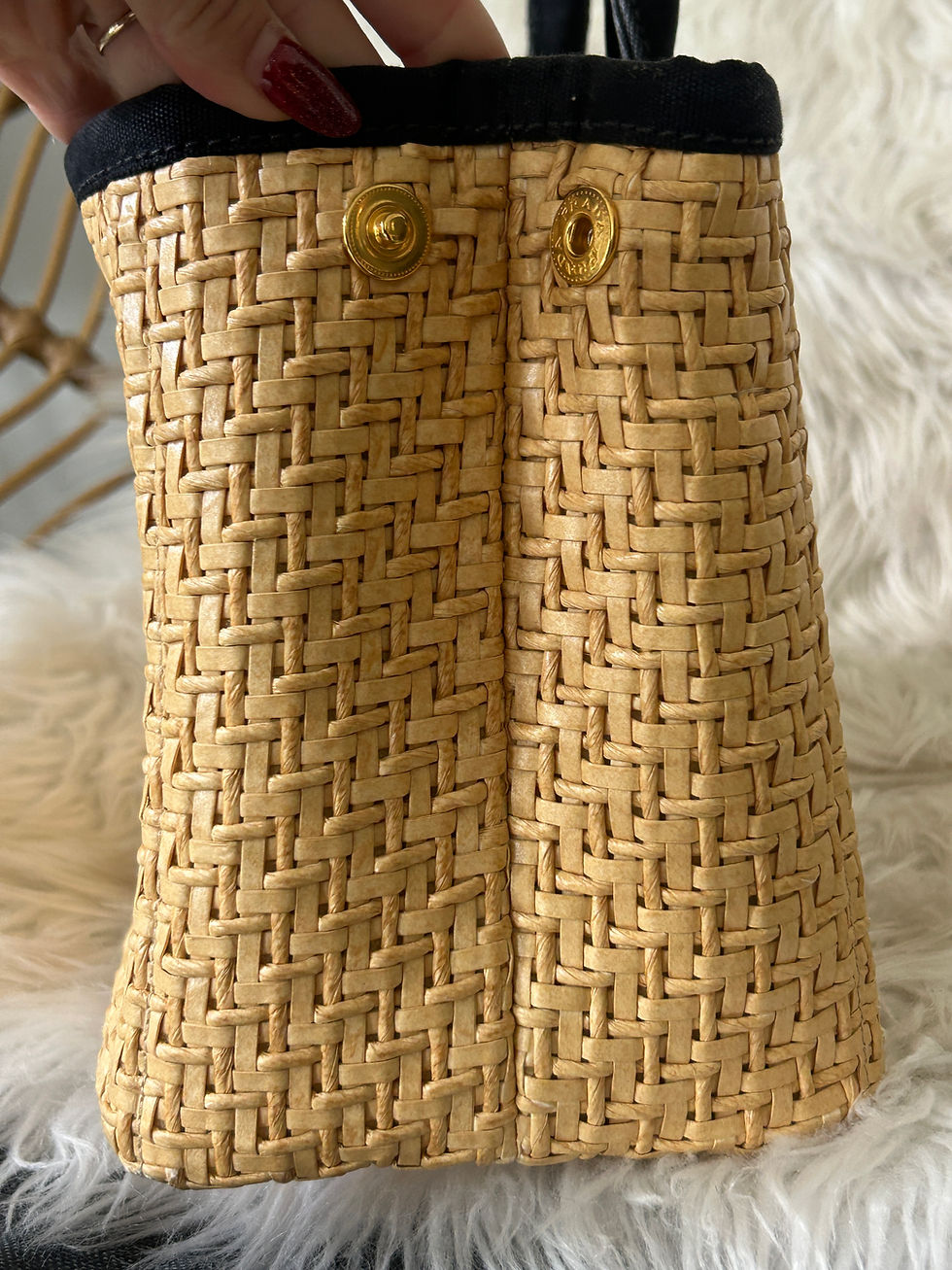Thumbnail: Prada Wicker & Black Canvas Tote with Original Removable Strap