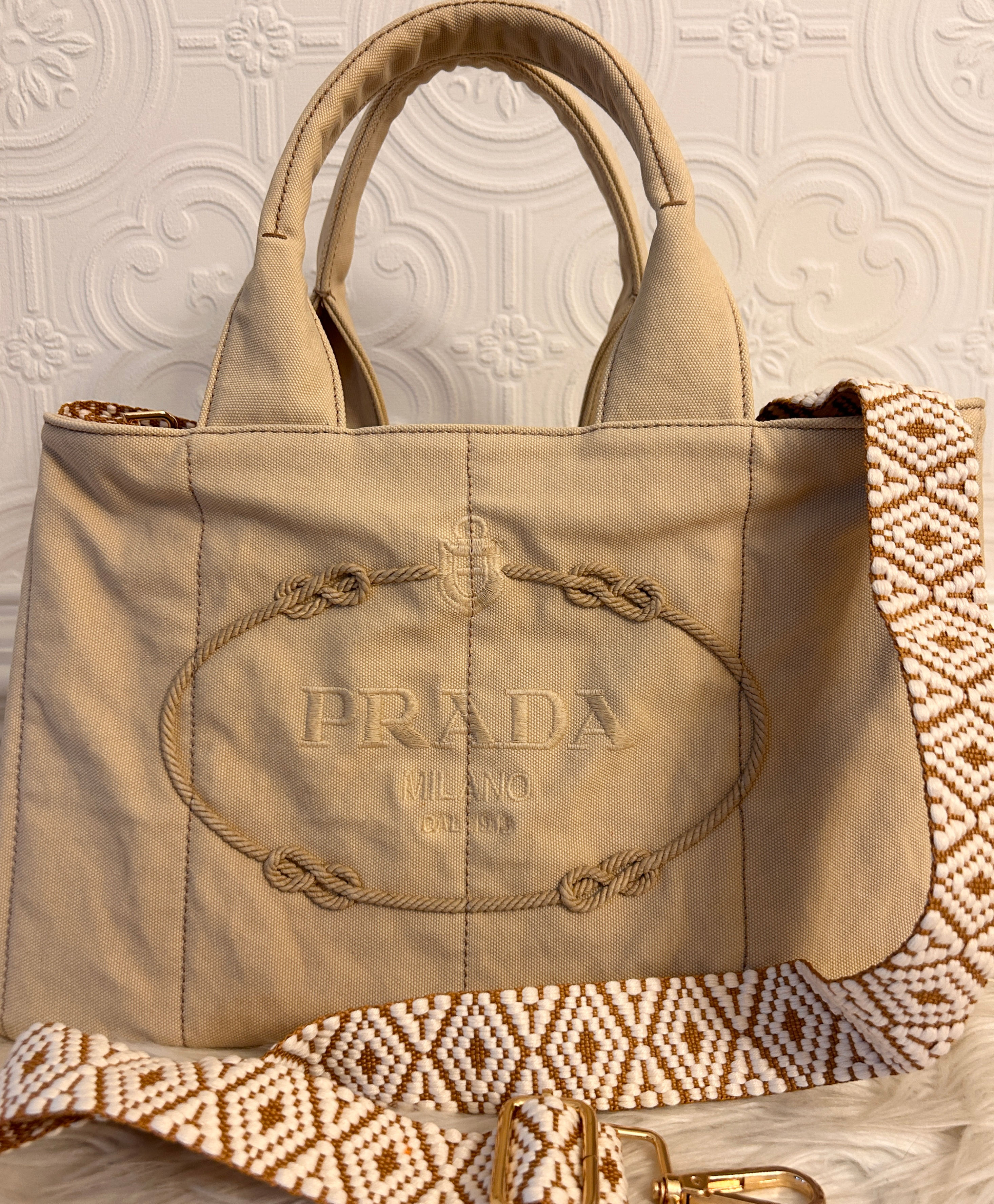 Prada Embossed Rope Logo Canapa Tote