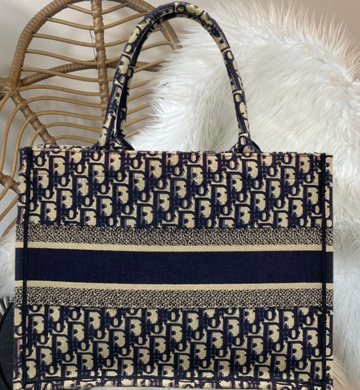 Thumbnail: Dior Book Tote, Medium, in Navy Blue & Ecru Jacquard
