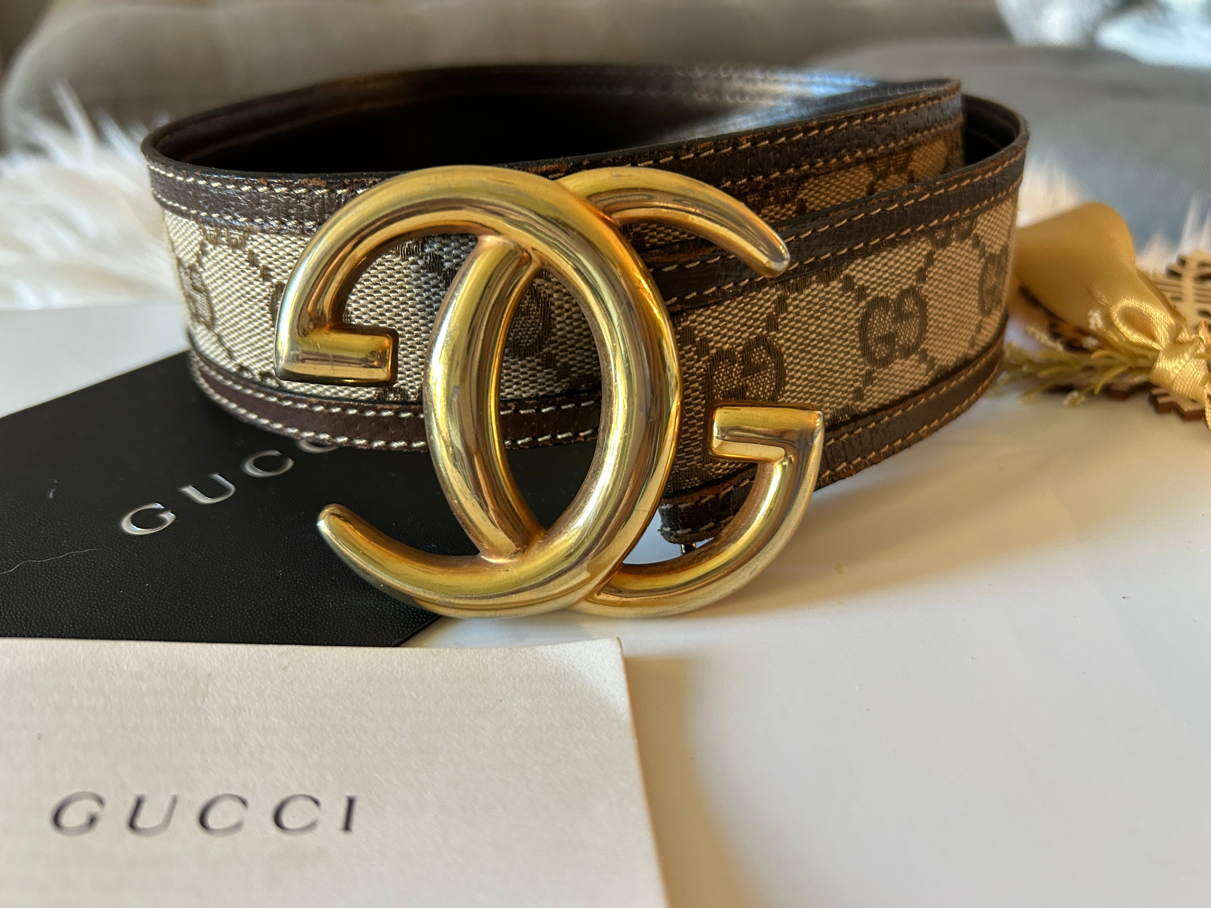 Gucci Interlocking GG Supreme Belt in Jacquard and Leather, Size 70 (US S)