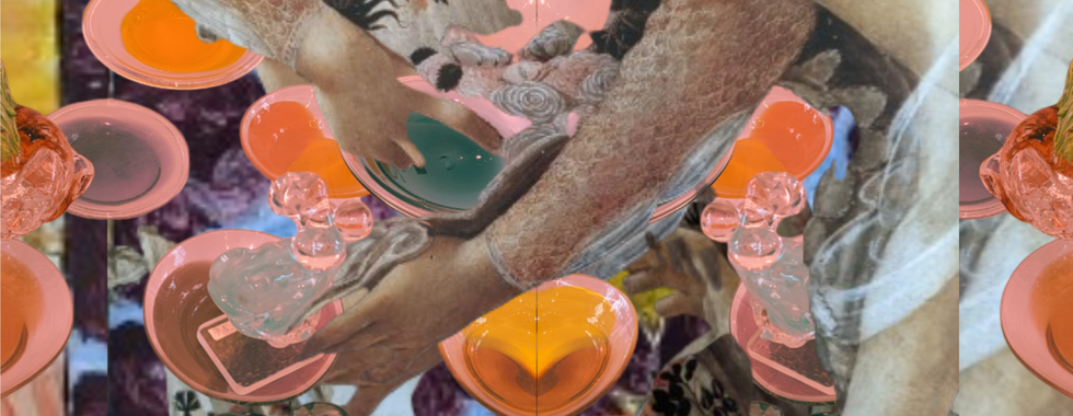 Digital Collage art with handmade glass and Boticelli's painting elements superimposed. 