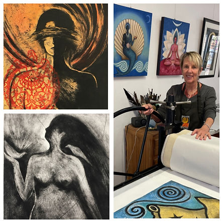 Glen Rogers in her studio with monoprints