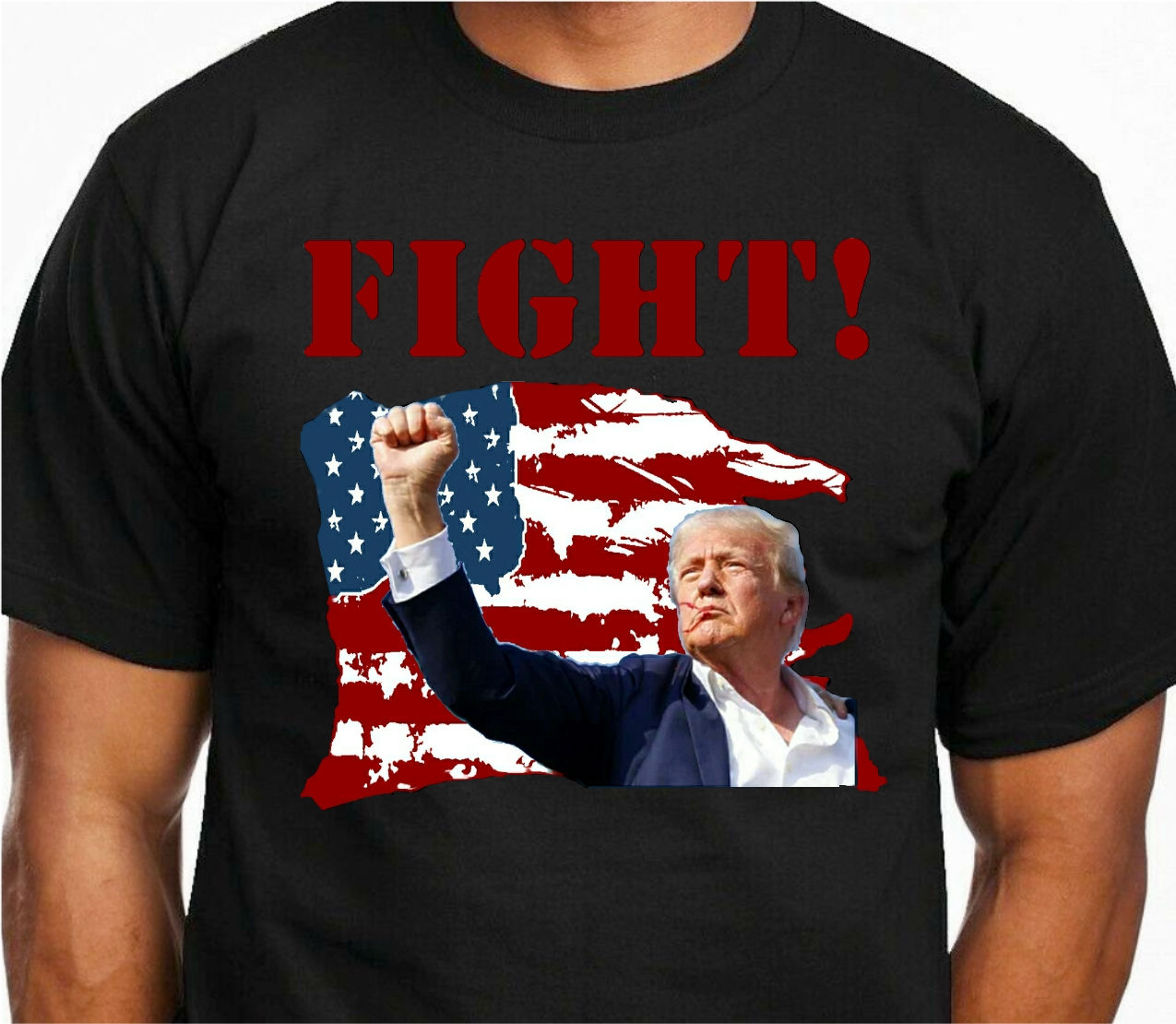 TRUMP BLOODY FACE FIST PUMP FIGHT AMERICAN FLAG Tshirt