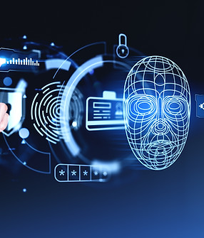 Woman finger touch face id hologram with biometric verification, virtual screen with passw