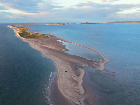 Vue aérienne par drone de la longue flèche de sable fin de la plage de Sandy Hook (Bout du Banc) s'étirant vers l'ouest jusqu'à l'Île du Havre-Aubert visible au loin à l'horizon, aux Îles-de-la-Madeleine.