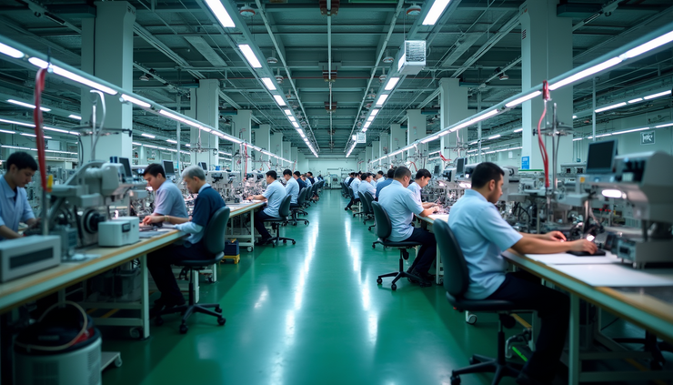 High angle view of a large electronics manufacturing plant with assembly lines and workers