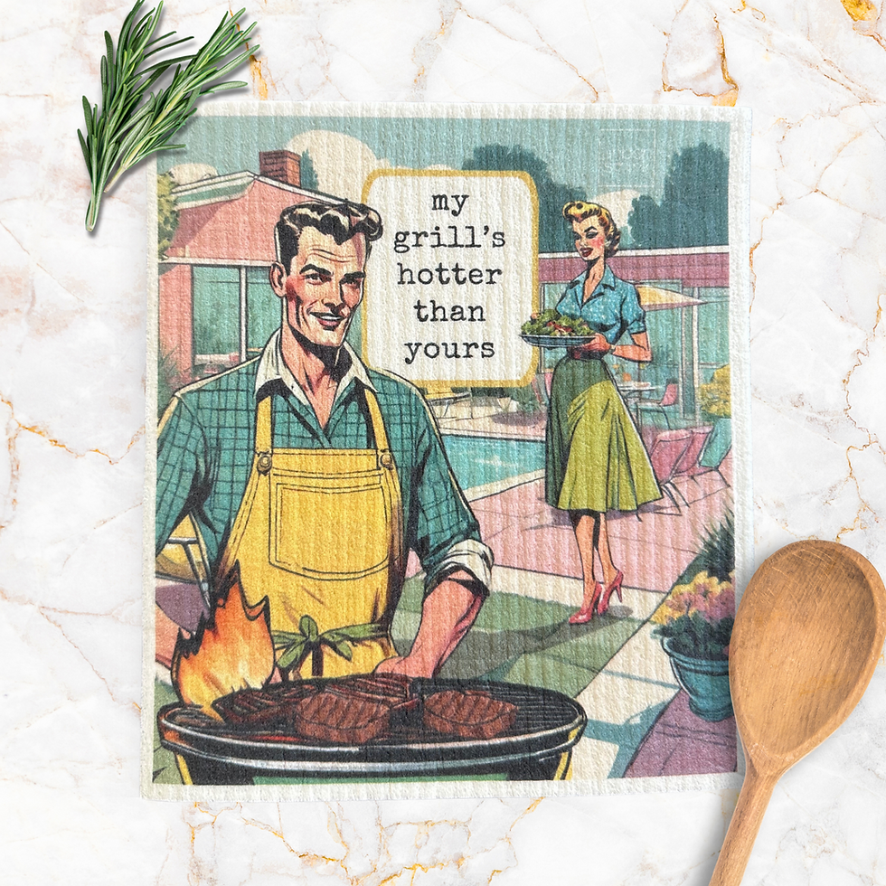 My Grill's Hotter - Funny Vintage Swedish Dishcloth for Guys - QTY 5