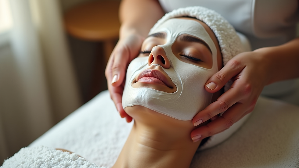Close-up view of a beauty therapist applying a facial mask in a cozy treatment room