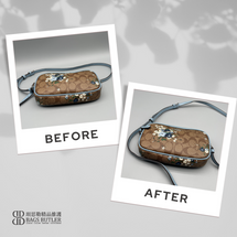 COACH 碎花老花款雙拉鏈相機包 棕淺藍色 背帶修復