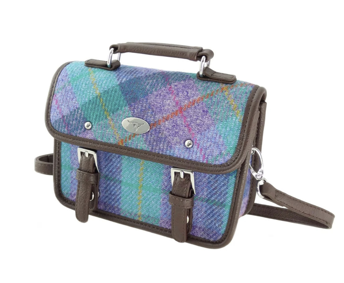 Harris Tweed Bervie Mini Satchel Bag Blue & Purple Check