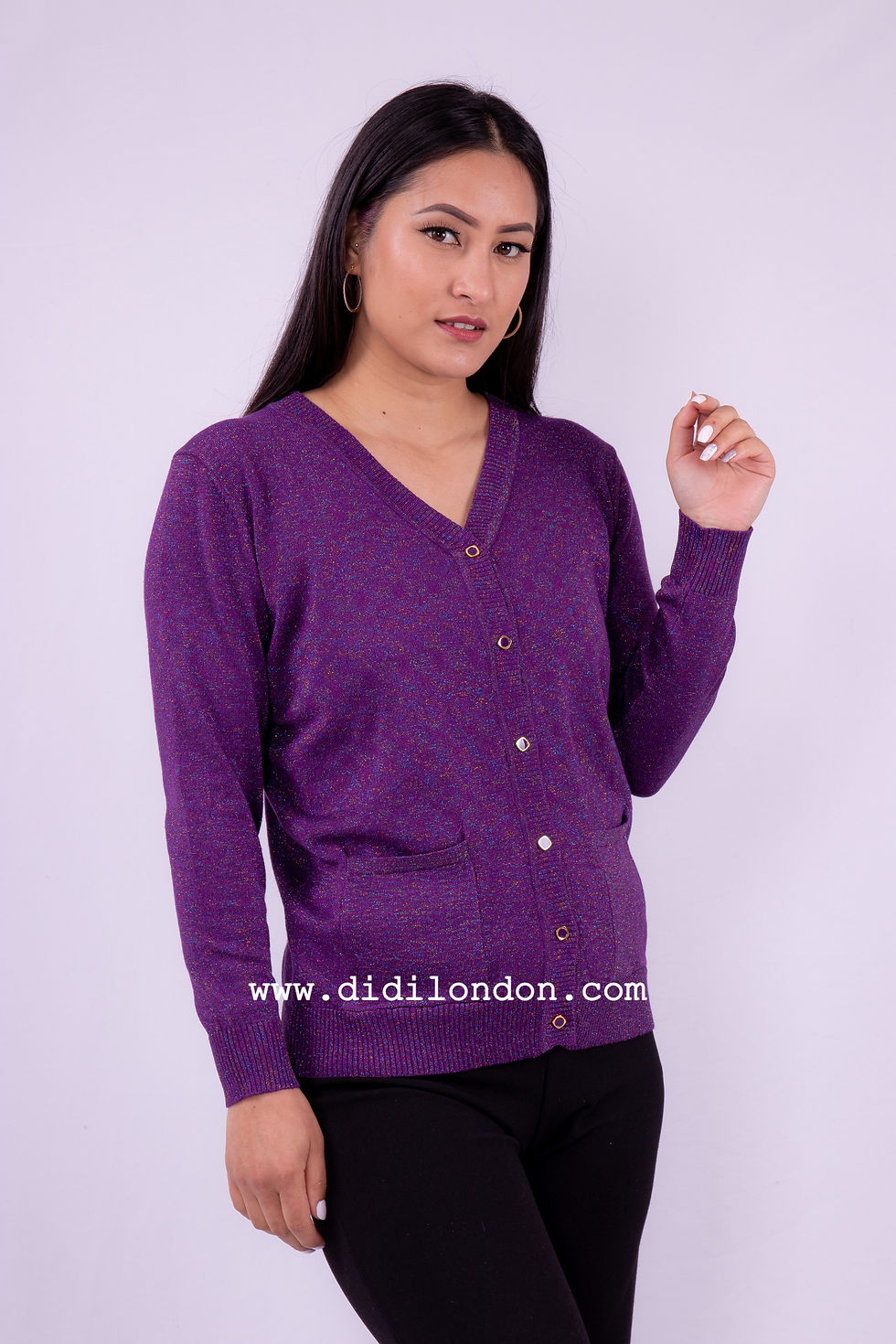 JM65-Shimmery Pocket Cardigan- Dark Purple