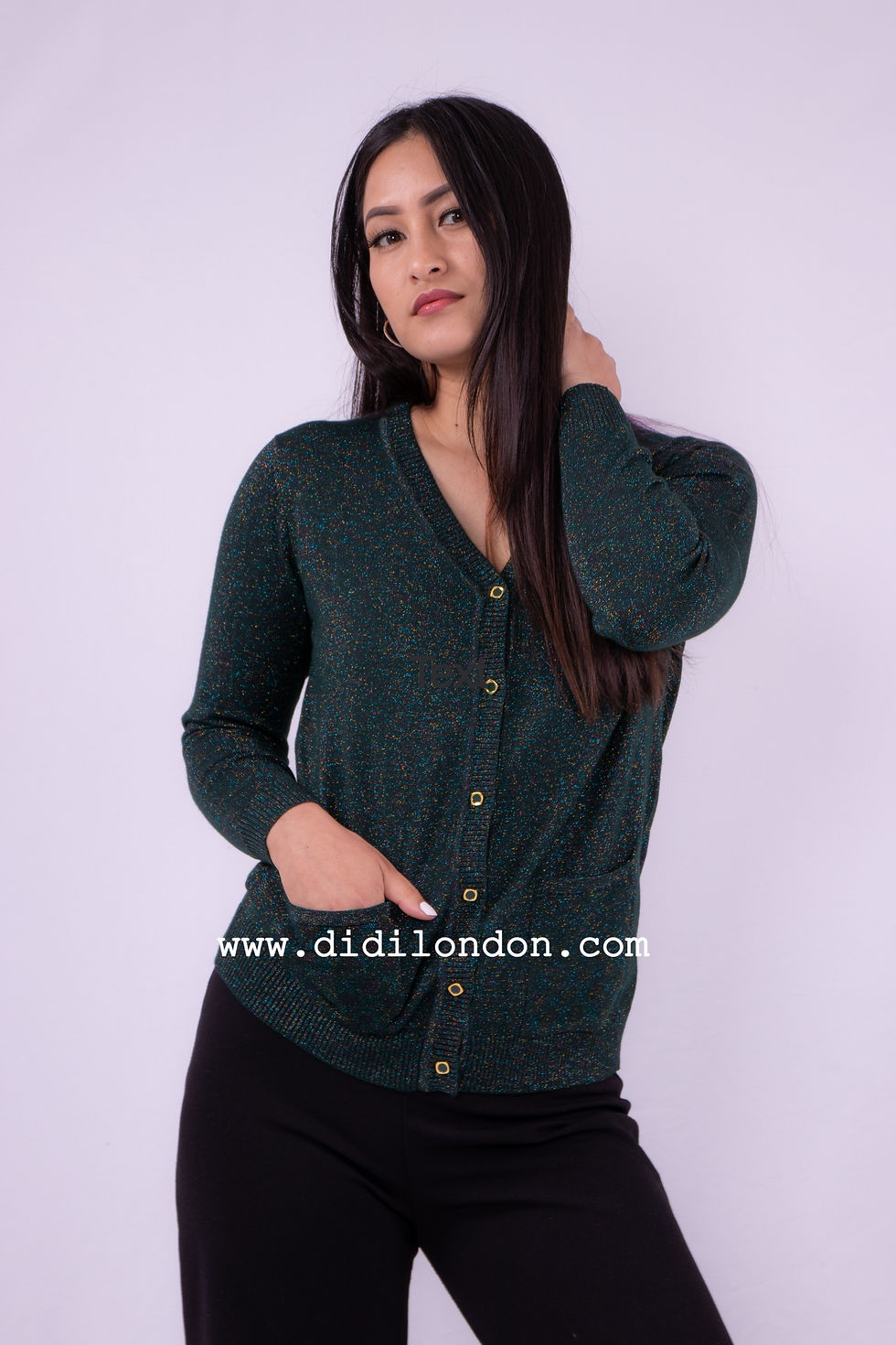 JM65-Shimmery Pocket Cardigan-Dark Green