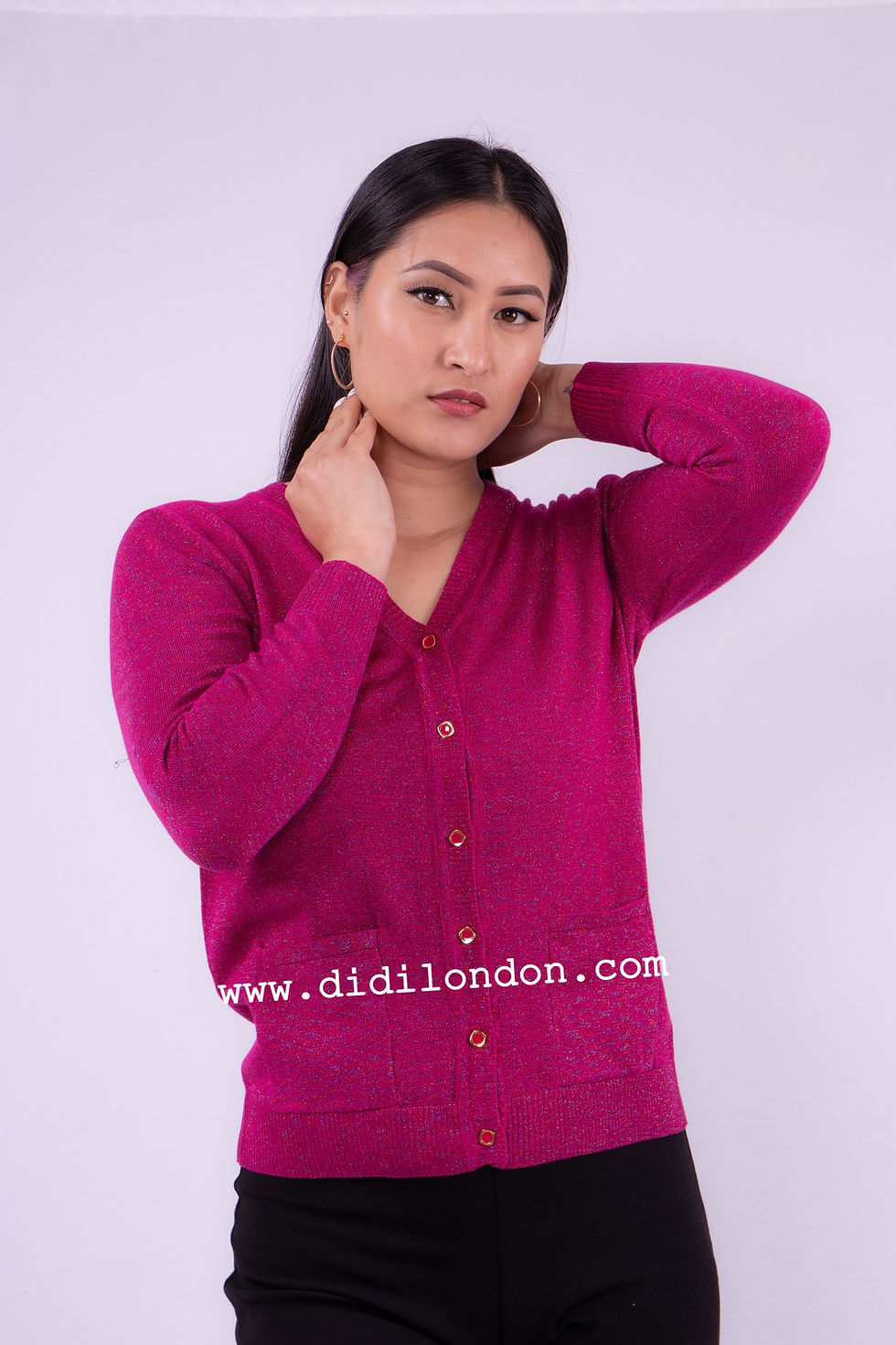 JM65-Shimmery Pocket Cardigan-Magenta