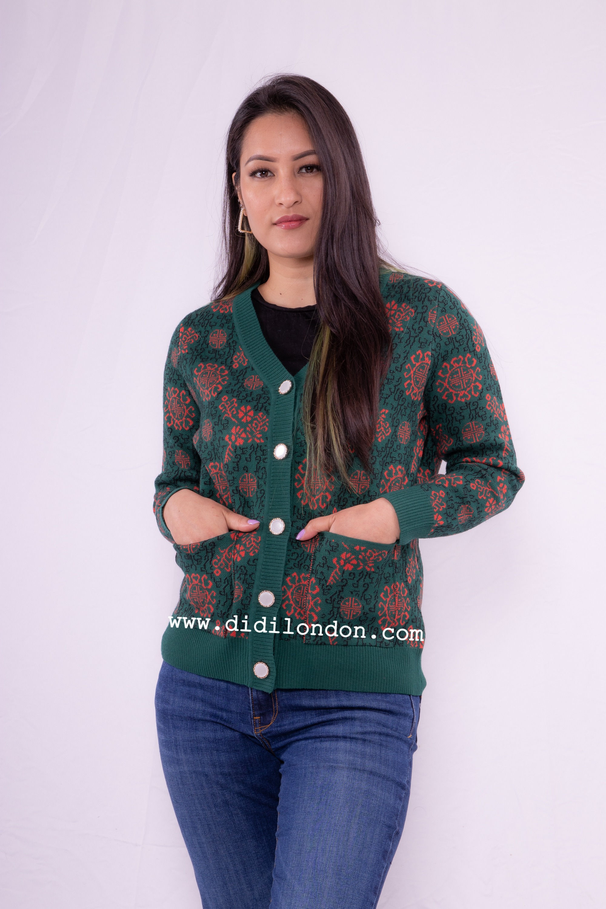 JM23A-3039-Fullsleeves-Mandala Pocket Cardigan-Dark Green