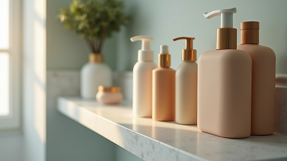 Close-up view of a variety of hair care products on a bathroom shelf