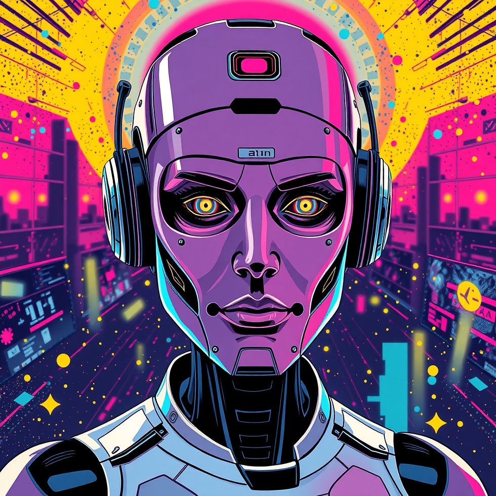 Rosto de robô futurista roxo, com fones de ouvido. Fundo vibrante com padrões geométricos e cores neon. Emocional e tecnológico.