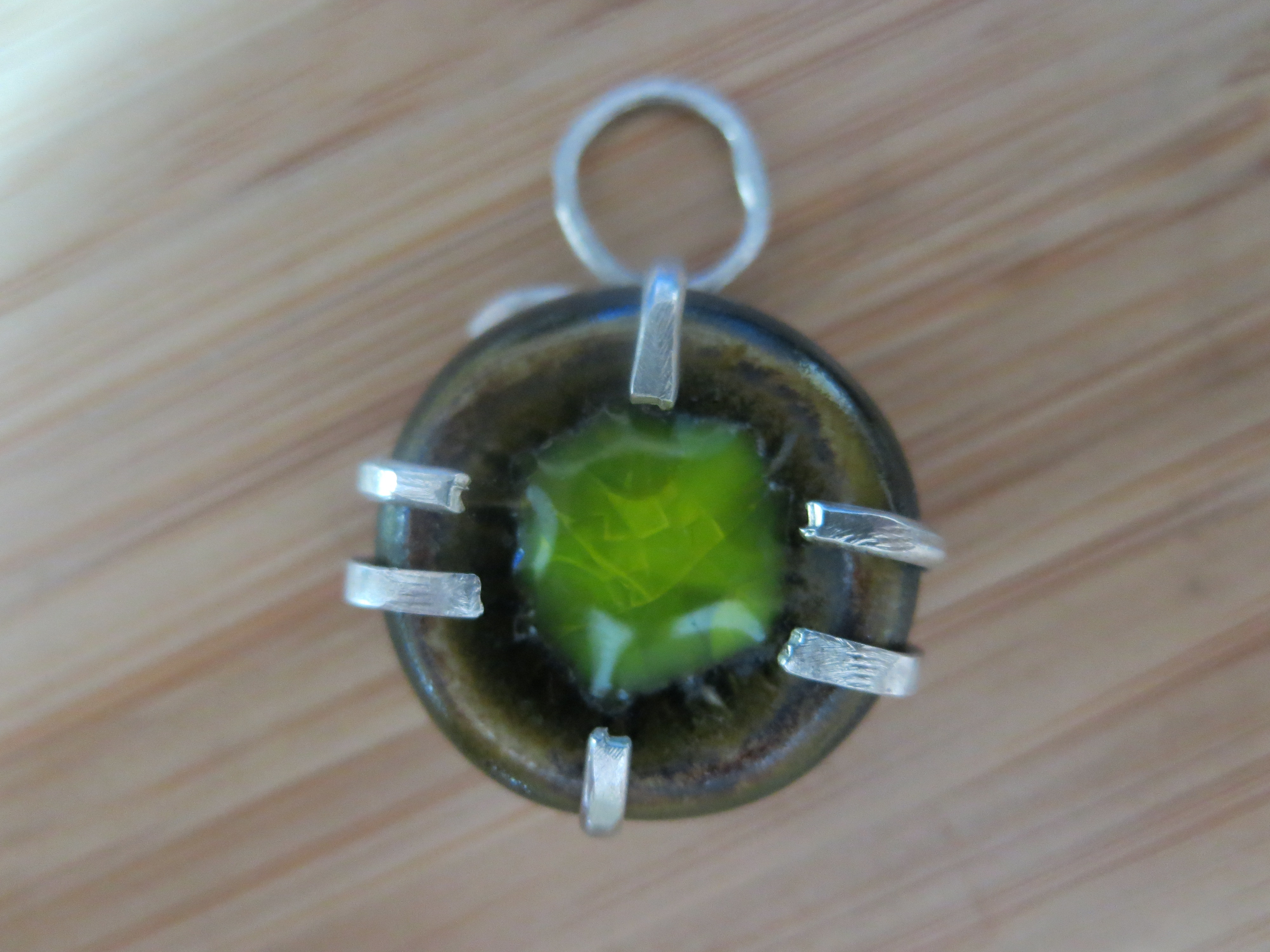 GAANA Round Pendant ceramic glaze dark clear green Silver 999, size 20.5*.20.5mm
