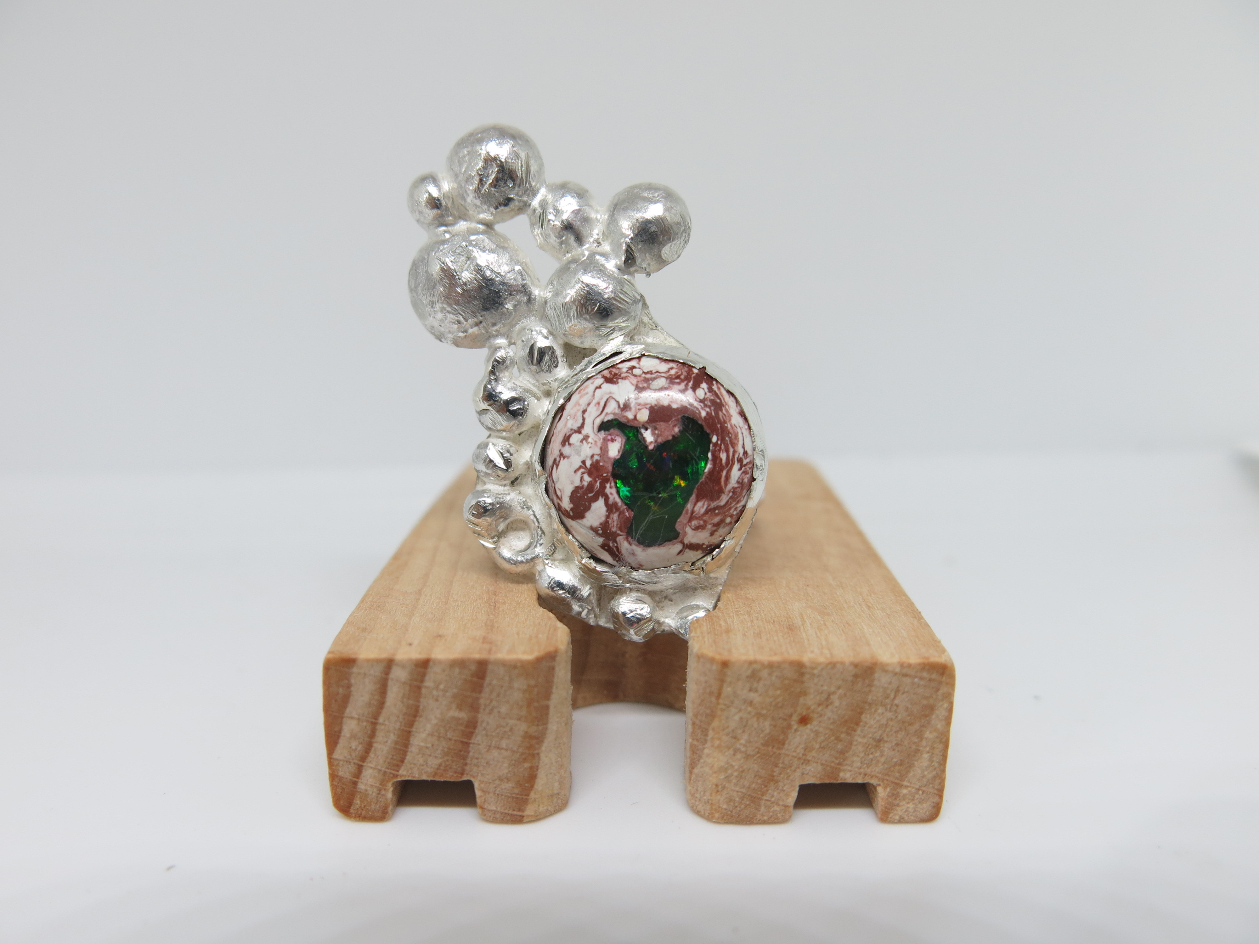 Gaana Mexican Fire Opal with Green colors orange and red Ring size 8 Pure Silver