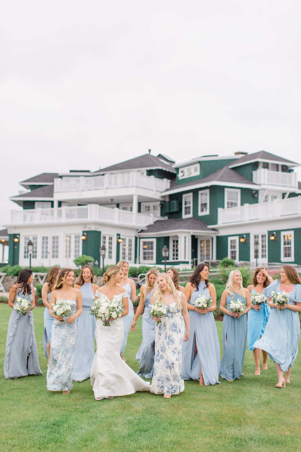 maine coastal wedding - blue bridesmaid dresses
