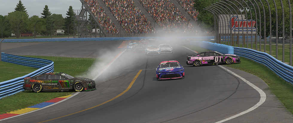 Lilith Peters (01) and Noah Jackson (87) both have trouble exiting turn 6 on lap 1 of the 2026 Milwaukee Tools 145 from Watkins Glen International