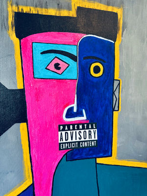 A cubist-inspired painting of a divided face with bold colors symbolizing duality and contrast.