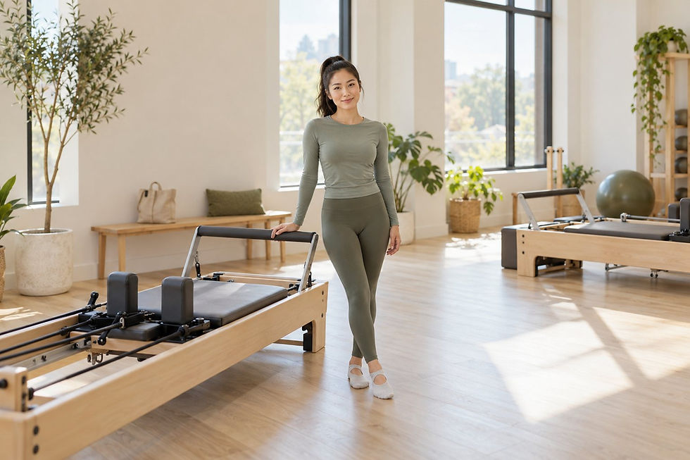 A woman in a fitted top, leggings and grip socks stands beside a reformer, ready for class.