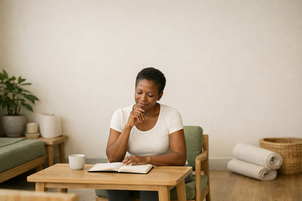 Woman sits at a small table, thoughtfully reviewing notes with a pen in hand.