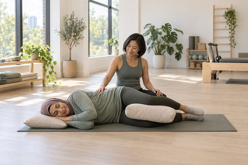 A woman rests on her side on a mat with a pillow between her knees as an instructor sits nearby.