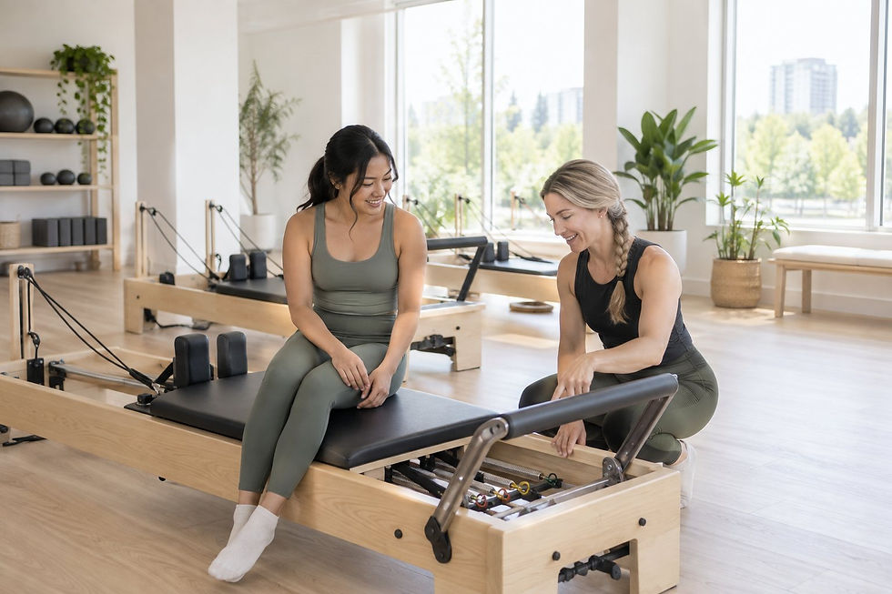 A beginner sits on a reformer as an instructor explains the footbar and springs.