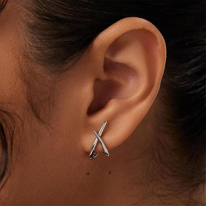 Thumbnail: Stainless Steel Cross Stud Earrings for Women Girls Trendy Dainty Simple Minimal