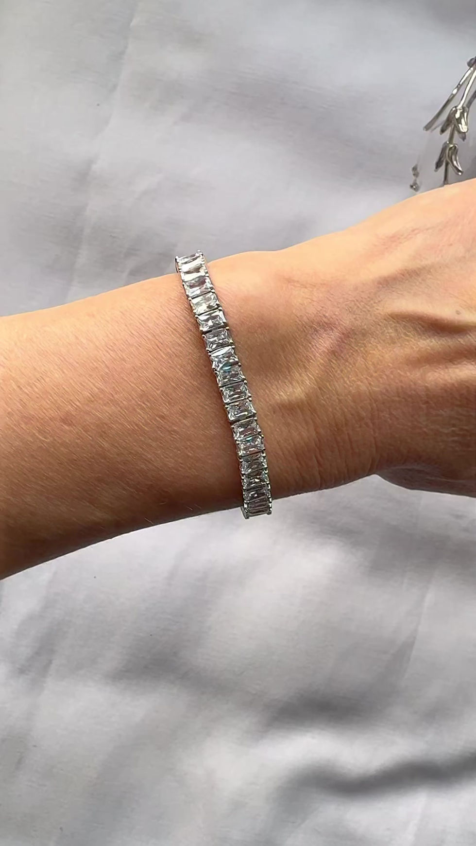Thumbnail: White Topaz  Baguette Set Emerald Cut Tennis Silver Bracelet
