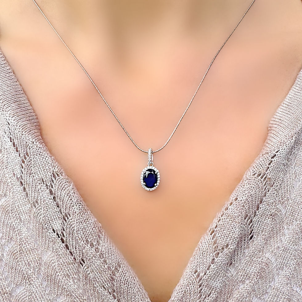 Thumbnail: Genuine Blue Sapphire Oval Silver Pendant Necklace