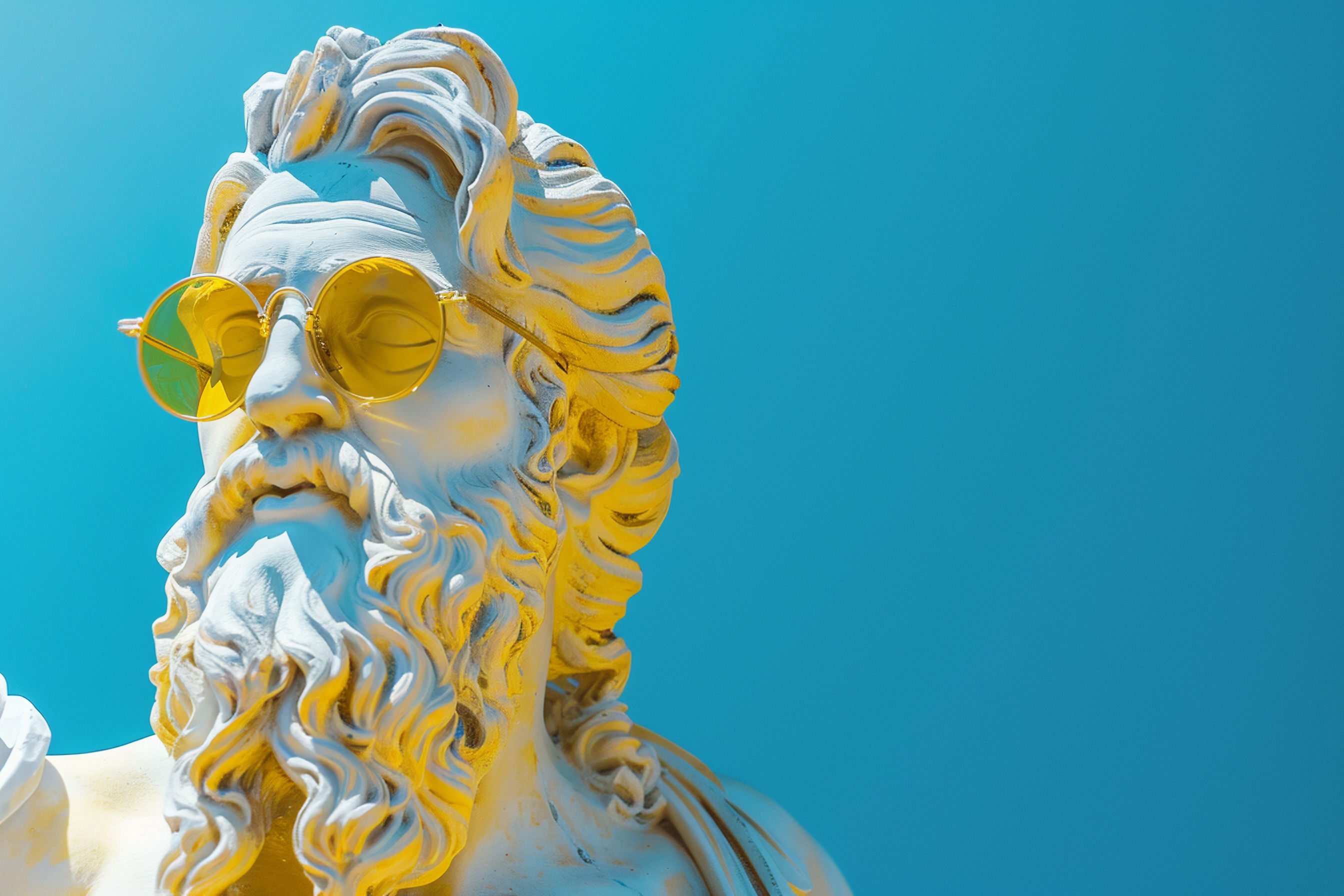 Stylized statue of a greek with yellow lense sunglasses