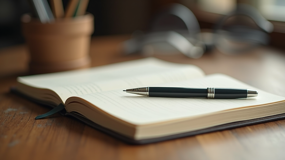 Close-up view of a journal and pen on a wooden table
